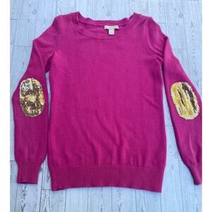 Banana Republic XS Pink Sweater Gold Sequin Elbow Patches Wool Blend Pullover